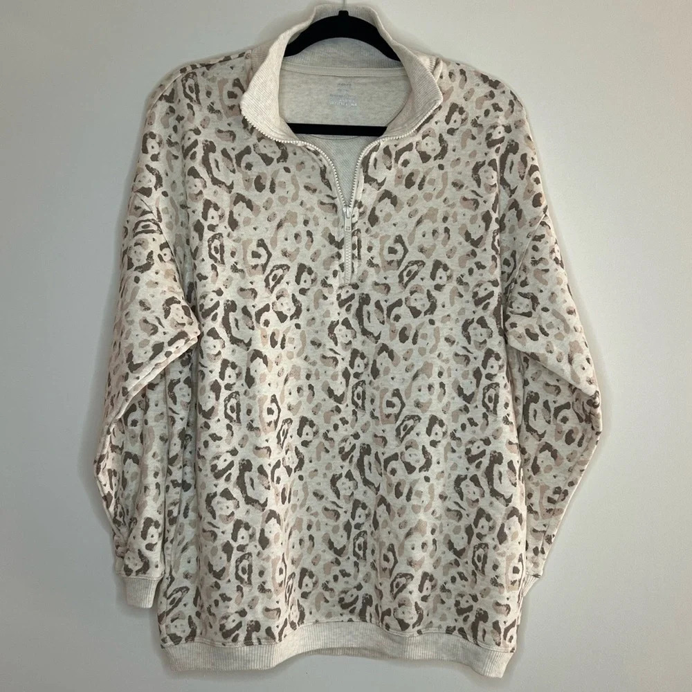 Aerie Oversized Good Vibes Animal Print Quarter Zip Sweatshirt XS NWT